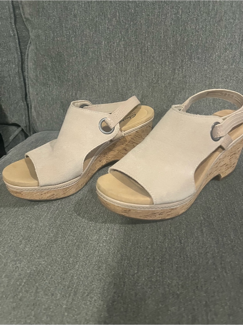 Clarks Beige Suede Open-Toe Wedge Sandal